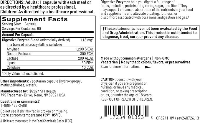 Klaire Labs SFI Health Digestive Enzymes - Gut Health Supplements with Amylase, Protease, Lactase, Cellulase & Lipase Enzymes for Digestion - Supports Occasional Bloating & Gas (90 Capsules)