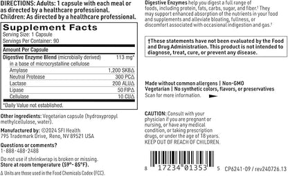 Klaire Labs SFI Health Digestive Enzymes - Gut Health Supplements with Amylase, Protease, Lactase, Cellulase & Lipase Enzymes for Digestion - Supports Occasional Bloating & Gas (90 Capsules)