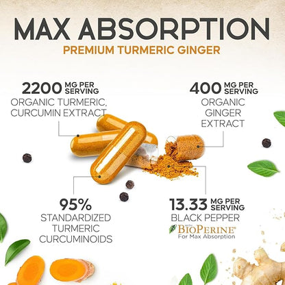 Turmeric Curcumin Supplement - 2200mg Curcumin Complex & 400mg Organic Ginger per Serving - 95% Curcuminoids & BioPerine Black Pepper for Best Absorption & Joint Support, Bottled in USA - 180 Capsules