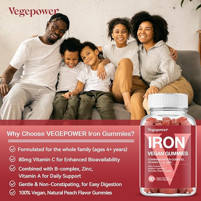 Vegan Iron Gummies Supplement - Multivitamin Supplement with Vitamin C, A, B & Zinc - Health Blood & Energy Support for Iron Deficiency, Anemia, No After Taste - Peach Flavor（2 Packs）