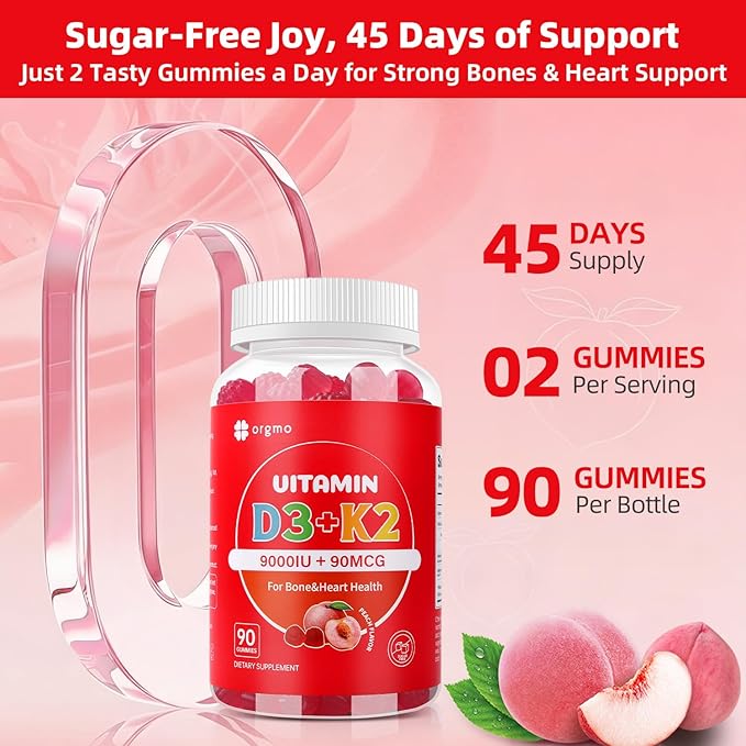 Vitamin D3 K2 Gummies - 90 Count Sugar Free Vitamin D3 9000 IU + K2(MK-7) 90 mcg for Bone & Immune Health, Vegan Chewable K2 D3 Vitamin Supplement for Women Men (Peach Flavor)