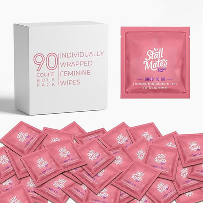 Stall Mates Wipes Feminine Fresh - Flushable | Individually Wrapped Cleansing Travel Friendly PH balanced Unscented with Sunflower, Rosemary and Aloe (90 on-the-go singles) BULK PACK