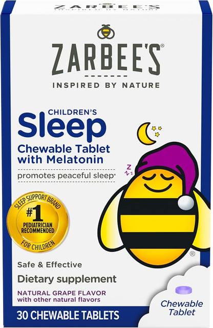 Zarbee's Kids 1mg Melatonin Chewable Tablet, Drug-Free & Effective Sleep Supplement, Easy to Take Natural Grape Flavor Tablets for Children Ages 3 and Up, 30 Count
