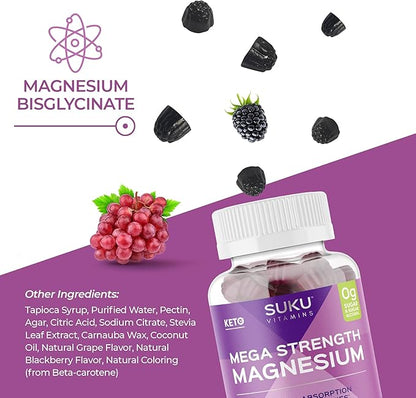 SUKU Vitamins - Mega Strength Magnesium - 177 mg of Magnesium Bisglycinate Gummies for Muscle Function - Easy to Chew - Non GMO, Gluten Sugar Free - Grape BlackBerry Flavored Gummy Vitamins (50 Count)