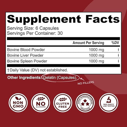 Left Coast Performance Grass Fed Bovine Blood and Beef Liver Supplement –100% Grass Fed, New Zealand Pasture Raised Beef Organs - Natural Blood Builder, Non GMO, Freeze Dried –180 Capsules