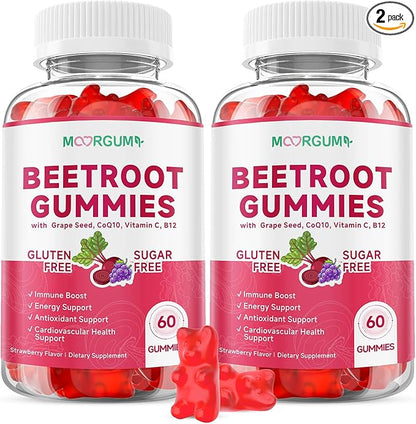 Beetroot Gummies with Grape Seed, Niacin, CoQ10, Vitamin C, B12, L-Citrulline & L-Arginine, Antioxidant Support, Sugar-Free Beet Root Supplement for Women & Men, 120 Count