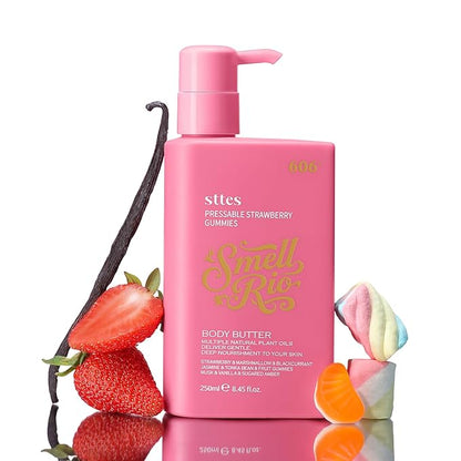 Sttes Smell Rio Body Butter 606# (Pressable Strawberry Gummies) – Whipped Non-Greasy Body Cream with Strawberry Marshmallow & Blackcurrant Candy Scent, Jojoba & Coconut Oil, Caffeine Hydrating Lotion