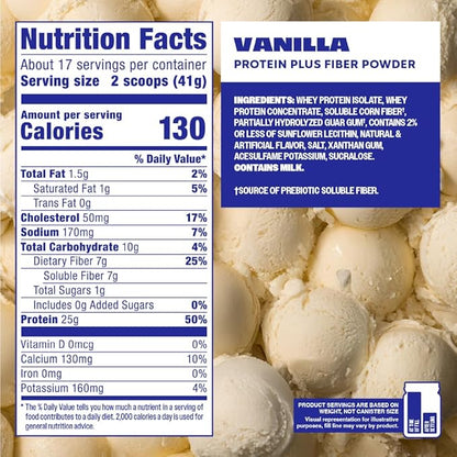 Premier Protein Powder Plus Fiber, Vanilla, 25g Protein, 7g Fiber to Support Gut Health, No Added Sugar (17 Servings)