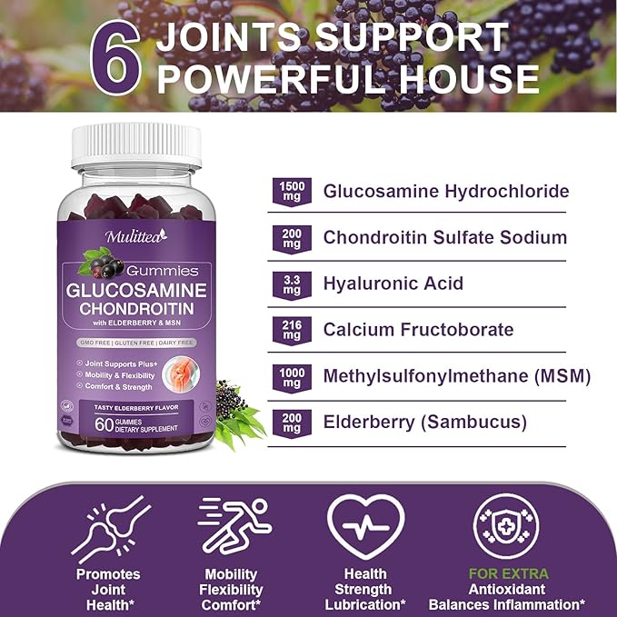 Mulittea Glucosamine Chondroitin Gummies - Extra Strength Joint Support Supplement with MSM & Elderberry for Natural Joint, Antioxidant Immune Support for Adults, Men & Women-(2 Pack)