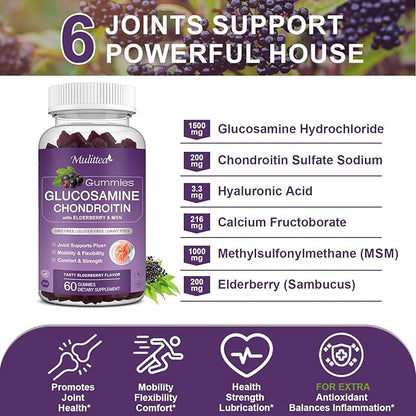 Mulittea Glucosamine Chondroitin Gummies - Extra Strength Joint Support Supplement with MSM & Elderberry for Natural Joint, Antioxidant Immune Support for Adults, Men & Women-(2 Pack)