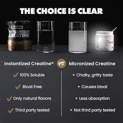 Gains in Bulk Instantized Creatine Monohydrate for Men & Women, Soluble Pre Workout Powder, Supports Muscle Building, Strength and Performance, Bodybuilding Supplements, Unflavored, 100 Servings