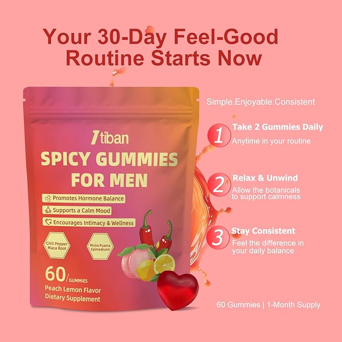 Spicy Gummies Cubes for Couples, Adults Intimacy Hot Peach Gummy with Chili Pepper, Muira Puama, Maca Root and Epimedium, Plant-Based Daily Wellness Support, Vegan, Non-GMO – 60 Gummies