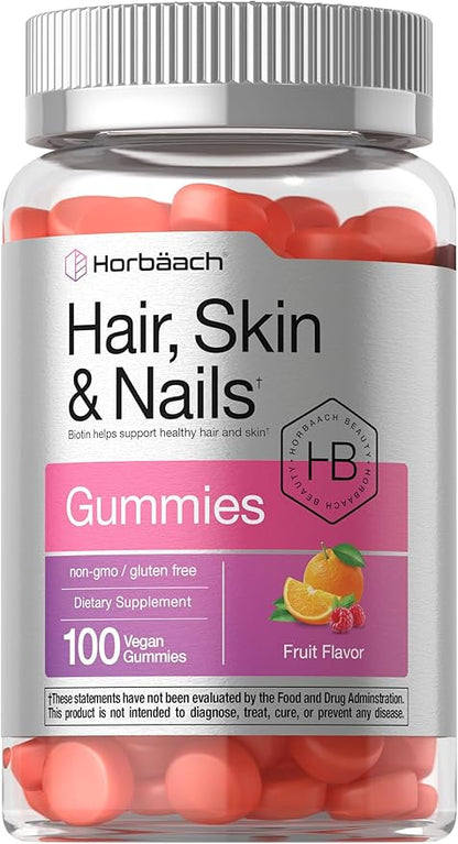 Horbäach Hair Skin and Nails Gummies | 100 Count | Supplement with Biotin for Men and Women | Fruit Flavored Vitamins | Vegan, Non-GMO, and Gluten Free