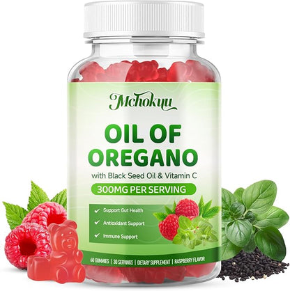 Oil of Oregano with Black Seed Oil, 2-in-1 Black Seed Oil Supplement for Women & Men Support Antioxidant Health, Sugar Free & Vegan Raspberry Herbal Gummies, 120 Count