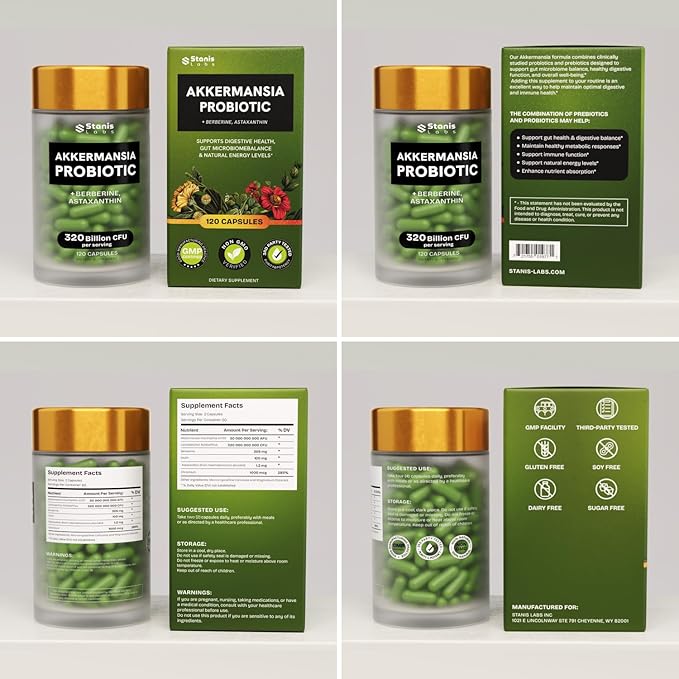 Akkermansia Muciniphila Probiotics 320 Billion CFU| Probiotic and Prebiotic | Akkermansia Probiotics for gut health | Inulin Prebiotic Fiber Capsules Astaxanthin & Berberine & Chromium 480 caps 4 pack