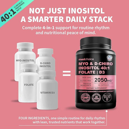 Myo-Inositol 40:1 for Women – Inositol Supplement with Myo & D-Chiro Inositol, Folate & Vitamin D3 – Vegan Capsules for Daily Routine & Hormone Support – Flo Ovarian Support Capsules – (90 Count)