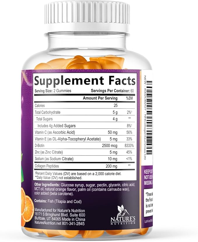 Collagen Peptides Gummies with 2500mcg Biotin Per Serving - Hair Growth, Skin & Nails Supplement - Hydrolyzed Collagen Multi Type I & III, Vitamin C for Immune Support, Orange Flavor, 120 Gummies