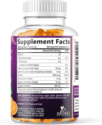 Collagen Peptides Gummies with 2500mcg Biotin Per Serving - Hair Growth, Skin & Nails Supplement - Hydrolyzed Collagen Multi Type I & III, Vitamin C for Immune Support, Orange Flavor, 120 Gummies
