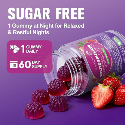 Migcopat Magnesium Complex Gummies, 20 in 1 Magnesium Gummy with Glycinate Citrate Malate Taurate - Ashwagandha, L-Theanine, D3&Zinc for Relaxation, Sleep, Muscle&Heart Support, Strawberry, 60 Cts