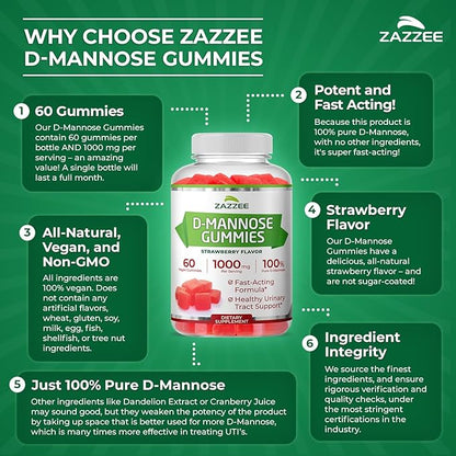 Zazzee D-Mannose Gummies, 1000 mg per Serving, 60 Vegan Gummies, Strawberry Flavor, Non-Sugar-Coated, Potent & Fast-Acting, All-Natural Urinary Tract Health Support, Made in the USA