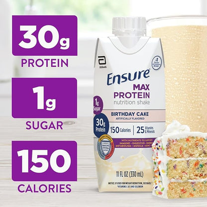 Ensure Max Protein Shake | Birthday Cake | Ready to Drink | 30g Protein for Muscle Health | 1g Sugar, 4g Fiber | 11 fl oz, 12 Pack