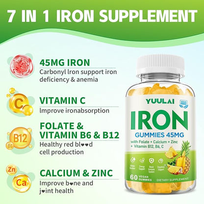 Pack of 2 Iron Gummies for Women & Men, Iron Supplement Plus Calcium, Zinc, Folate & Vitamin B12, C, B6 - Energy Support, Immune Health, Pineapple Flavor, 120 Count
