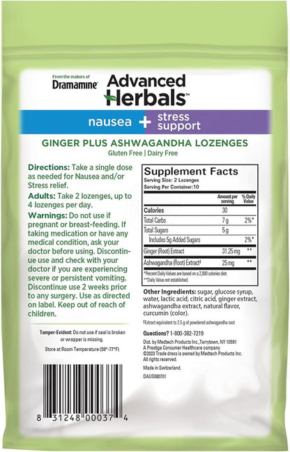 From the Makers of Dramamine, Advanced Herbals Ginger & Ashwagandha Lozenges, for Nausea Relief & Stress Support, Tropical Fruit and Ginger Flavor, 20 Count