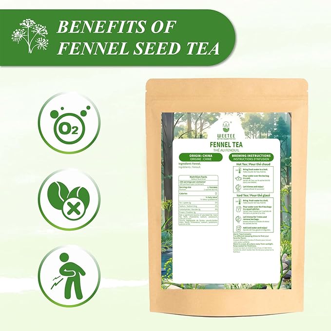 WT WEETEE Fennel Tea Bags 100 Count, 100% Natural & Pure Fennel Seeds Tea, Smooth & Sweet, No Sugar, Caffeine-Free