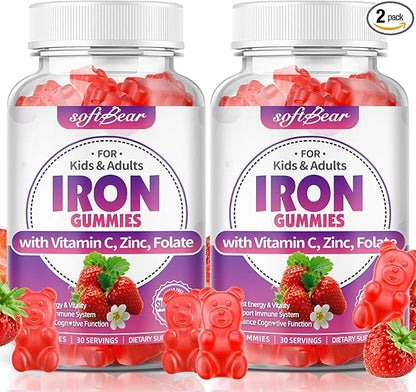 softbear Iron Gummies for Women & Men & Kids, Chewable Iron Supplements with Vitamin C,B3,B5,B6,B12 Supports Immune System, Energy & Vitality, Sugar-Free/Vegan, Strawberry Flavor 120 Count