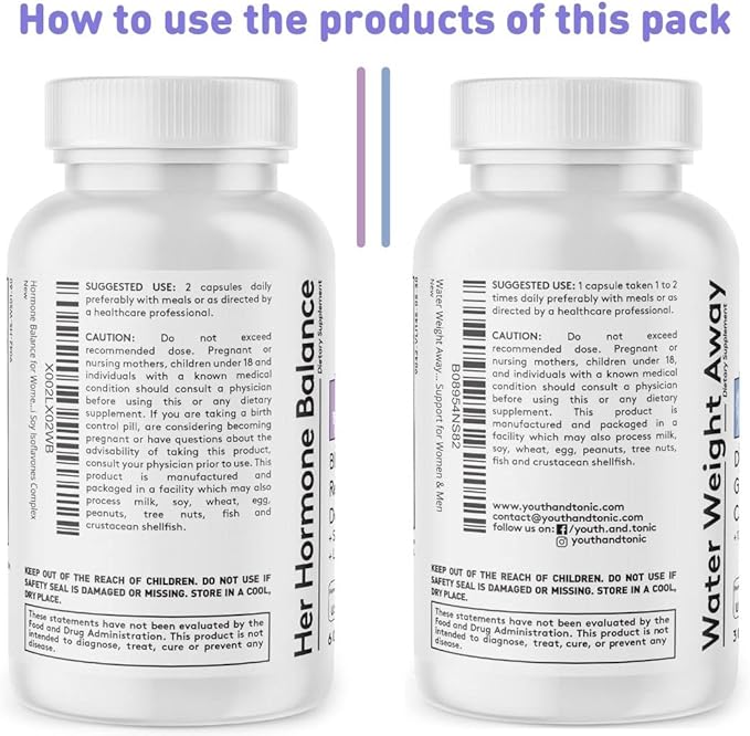 Youth & Tonic PMS & Menopause Bloating Relief Duo – Support for Puffiness, Hormonal Balance & Fluid Retention – Her Hormone Balance + Water Weight Away Natural Herbs for Women, 90 Capsules