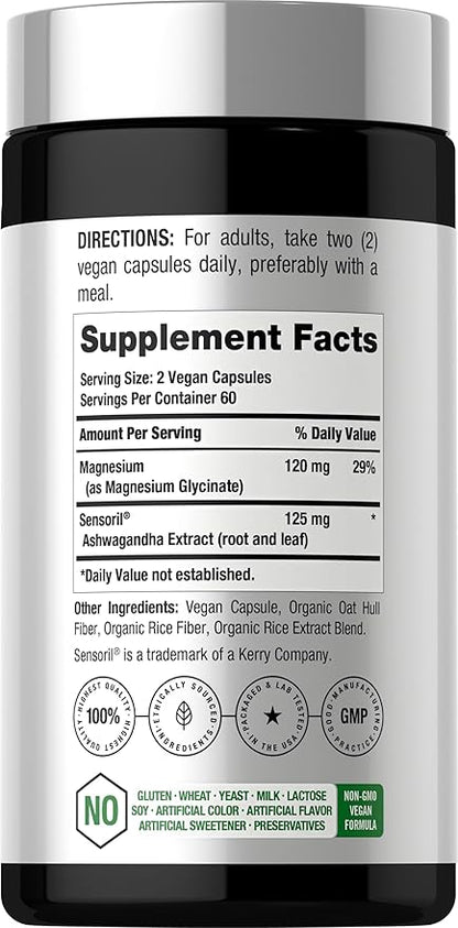 Horbäach Ashwagandha and Magnesium Glycinate | 120 Vegan Capsules | Support Supplement for Stress | Non-GMO, Gluten Free