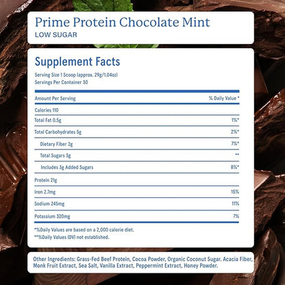 Equip Foods Prime Protein Powder | Clean, Grass Fed Beef Protein Powder for Women & Men | Carnivore Protein Isolate | Paleo, Keto Friendly | Gluten & Dairy Free | 30 Servings, Chocolate Mint