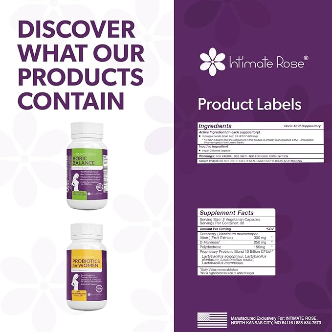 Intimate Rose Combo Pack! Flora Bloom Probiotics for Women (One Bottle) and Boric Balance Boric Acid (One Bottle) 2 Pack