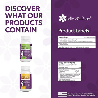 Intimate Rose Combo Pack! Flora Bloom Probiotics for Women (One Bottle) and Boric Balance Boric Acid (One Bottle) 2 Pack