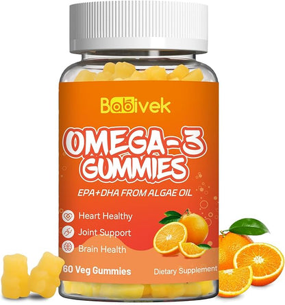 Omega-3 Gummies Vegan 1200mg, EPA and DHA Omega-3 Fatty Acids with Folate, Vitamin A, Vitamins C & E, High Potency Omega 3 Supplements for Immune Support, 60 Count