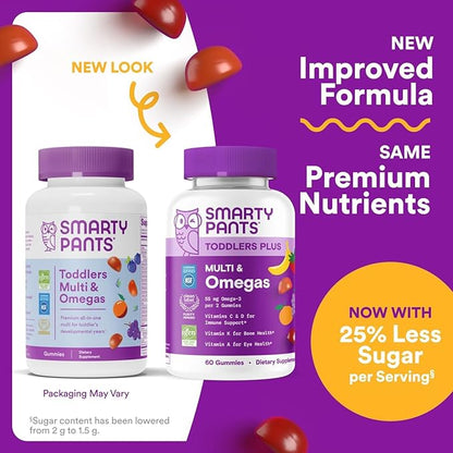 SmartyPants Toddler Multivitamin Gummies, Omega 3 (DHA/EPA), Vitamins D3, C, Vitamin B12, B6, A, K & Zinc, Biotin, Gluten Free, Three Fruit Flavors, 60 Count (30 Day Supply)