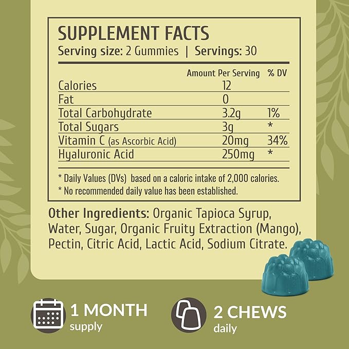 HERBAMAMA Hyaluronic Acid Gummies - 250mg Pure Hyaluronic Acid for Hair, Skin & Nails Support - Vegan, Non-GMO Skin Elasticity Supplement - 60 Pectin-Based Mango-Flavored Chews
