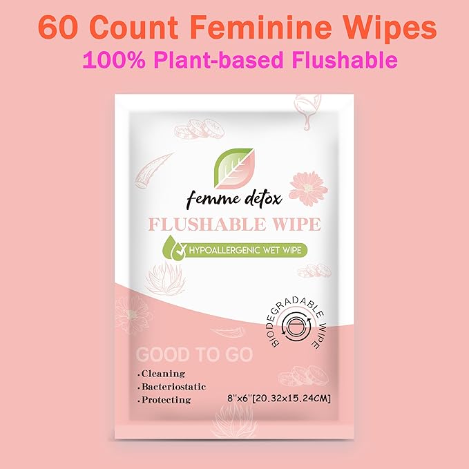 Flushable Feminine Wipes pH-Balanced & Unscented for Sensitive Skin | Individually Wrapped, Septic-Safe, Aloe-Infused | Travel & Home Use (60 Count)