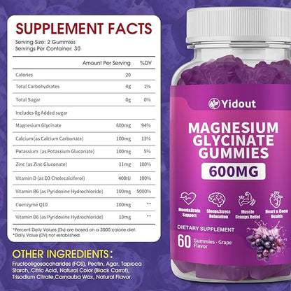 Magnesium Glycinate Gummies 600mg，High Absorption Magnesium Gummies, Sugar Free Chews for Adults & Kids Relaxation, Stress Relief (60 Count (Pack of 1))