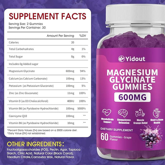 Magnesium Glycinate Gummies 600mg，High Absorption Magnesium Gummies, Sugar Free Chews for Adults & Kids Relaxation, Stress Relief (60 Count (Pack of 1))