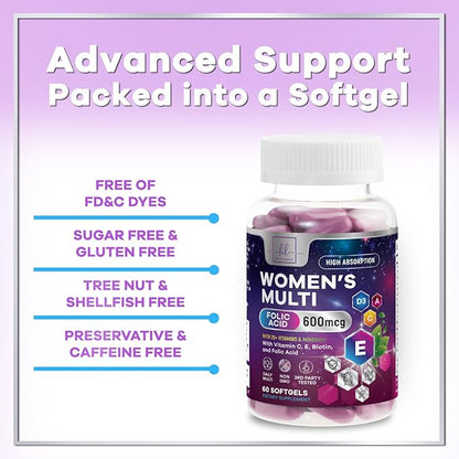 Multivitamin For Women - Complete Daily Woman's Multivitamins with Biotin, Calcium, Folic Acid, Iron, Zinc, Vitamin A, C, D, E & B Vitamins, Women's Hair Skin and Nails Supplements - 60 Softgels