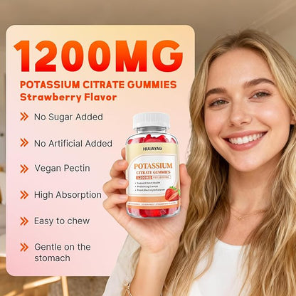 Potassium Citrate Gummies 1200mg for Adults, Women & Men Chewable Potassium Supplement for Muscle Health & Electrolyte Support Sugar Free, Strawberry Flavor, 60 Count