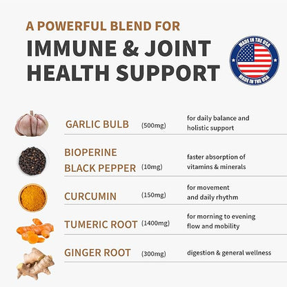4-in-1 Turmeric Joint Support Supplements with Garlic and BioPerine - 2360 mg High Potency Herbal Blend for Mobility, Everyday Flexibility, Digestive Comfort, and Active Aging Support (120ct)