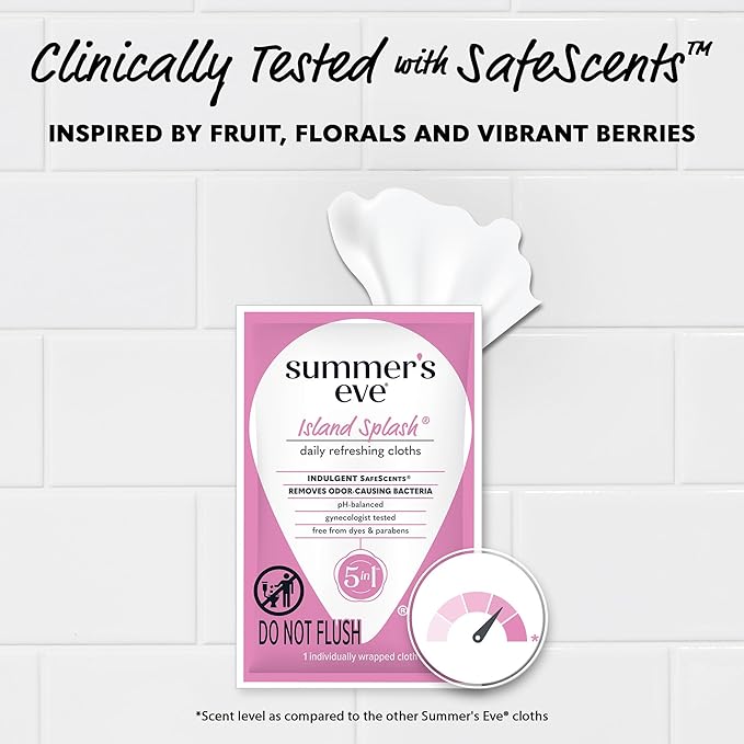 Summer's Eve Feminine Wipes, Island Splash, Individually Wrapped Vaginal Wipes, Feminine Care to Help Remove Vaginal Odor, Gynecologist Tested, 12 Wipes