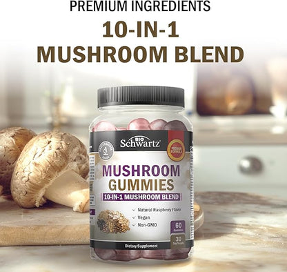 Mushroom Gummies for Adults - 10-in-1 Functional Mushroom Supplement for Mood and Focus with Lions Mane Turkey Tail Cordyceps Shiitake Reishi - Vegan, Non-GMO, Fresh Raspberry Flavor, 60 Count