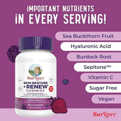 MaryRuth's Skin Restore + Renew Gummies With Hyaluronic Acid | Skin Hydration | Clinically Shown in Women to Reduce Fine Wrinkles & Improve Skin Firmness | Vegan Collagen Production | 60 Gummies