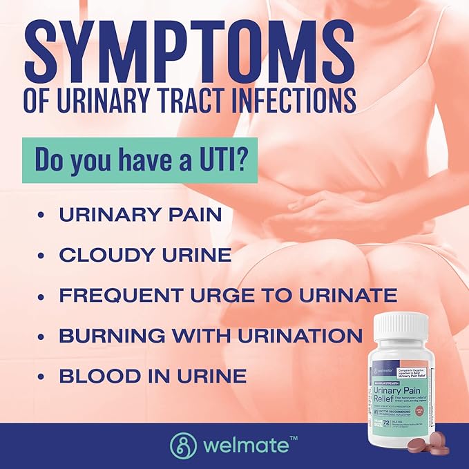 WELMATE Urinary Pain UTI Relief Maximum Strength (Phenazopyridine HCL) - Improve Urinary Tract Health & Bladder Control, Urgency, & Discomfort | Over-The-Counter Medication for Men & Women (72 Pills)