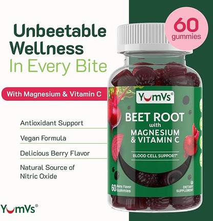 YumVs Beet Root Gummies with Magnesium & Vitamin C – Berry Flavor Beetroot Gummies – Nitric Oxide Support for Heart Health & Antioxidant Wellness – Vegan, Non-GMO – 60 Gummies