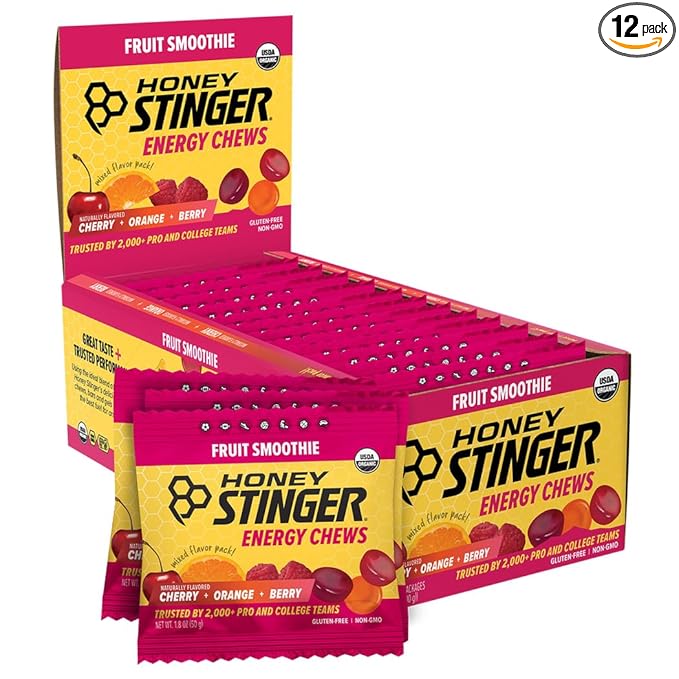 Honey Stinger Organic Fruit Smoothie Energy Chew, Gluten Free & Caffeine Free, for Exercise, Running and Performance, Sports Nutrition for Home & Gym, Pre and Mid Workout, 21.6 Ounces (Pack of 12)