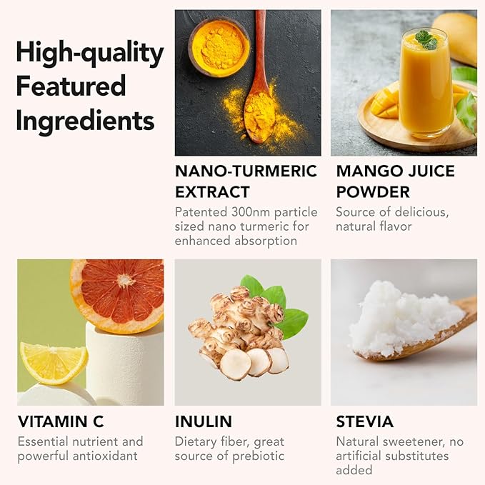 Nano Turmeric Curcumin Drink Powder Supplements–Mango Flavor Daily Morning Routine Immunity Wellness Shot, Gut Health & Joint Support - No Added Sugar, Vegan, Gluten-Free, Non-GMO,12 Sachets